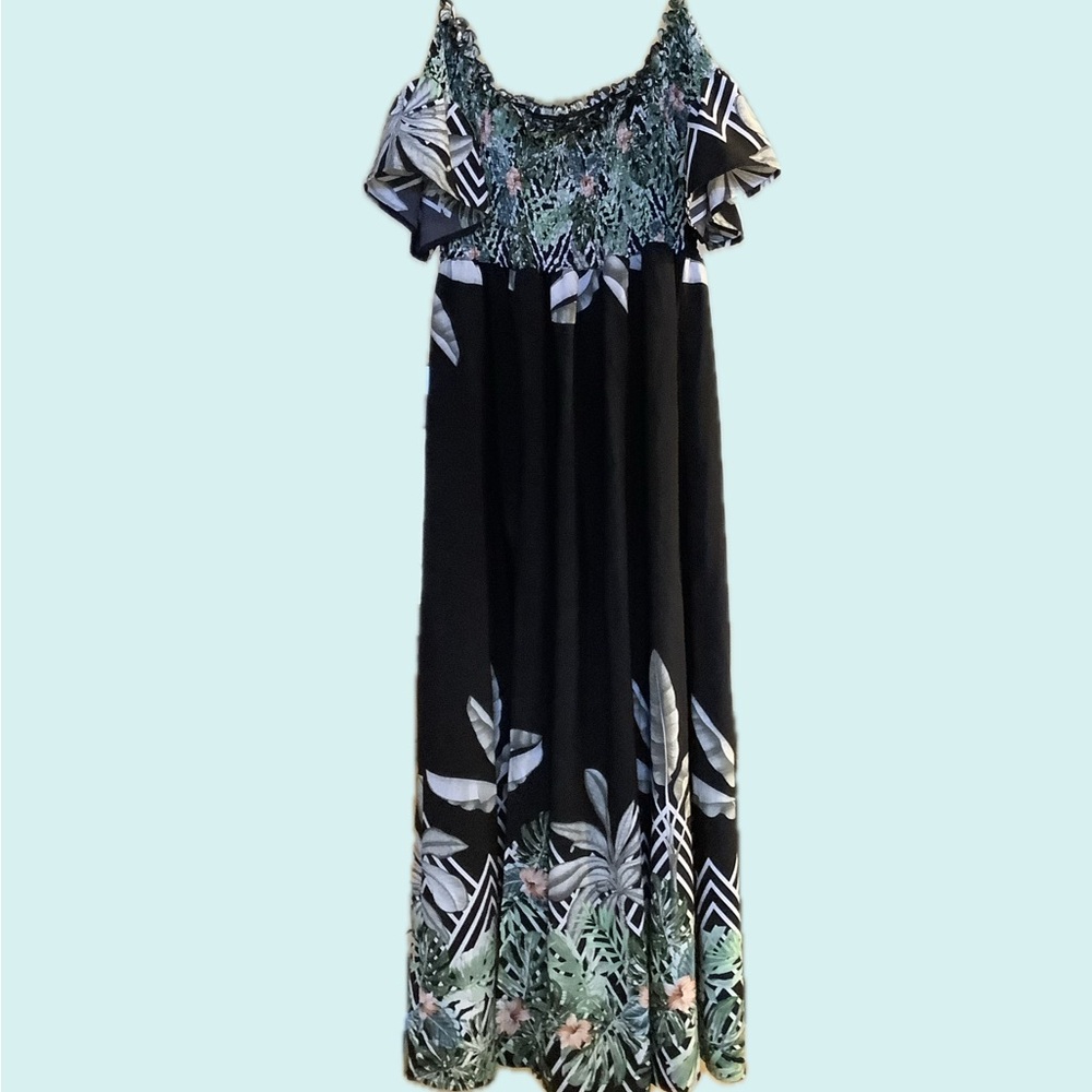 Tropical Smocked Bodice Maxi Dress with Ruffle Sleeves